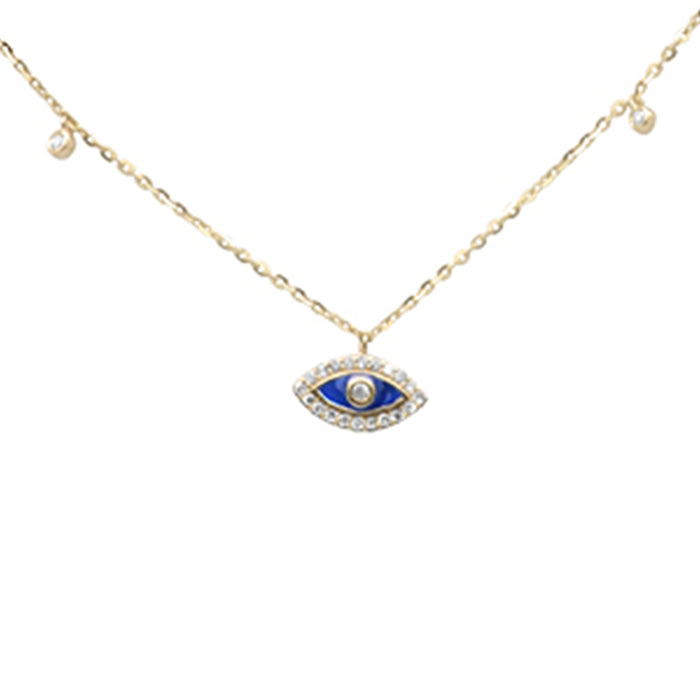 DIAMOND CLOSEOUT! .08ct G SI 14K Yellow Gold Diamond Blue Enamel Evil Eye Pendant Necklace 16+2" Ext