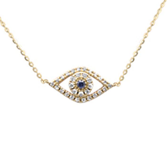.16ct G SI 14K Yellow Gold Diamond & Blue Sapphire Gemstones Evil Eye Pendant Necklace 16+2" Ext