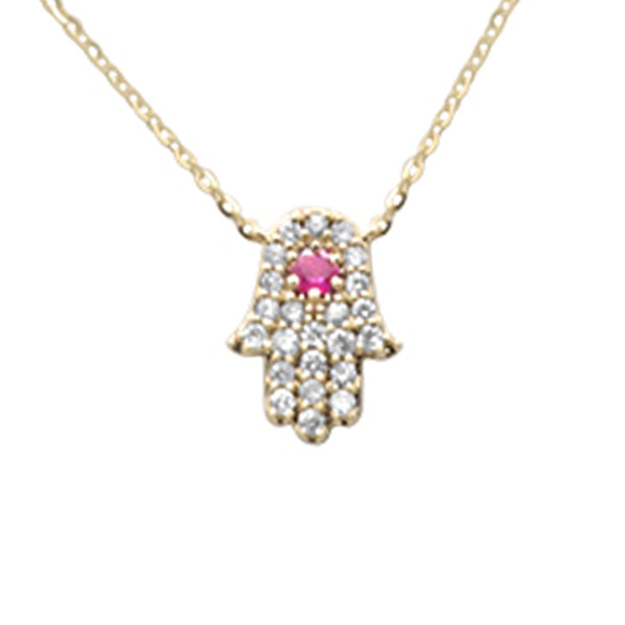 SPECIAL! .25ct G SI 14K Yellow Gold Diamond & Ruby Gemstone Hamsa Pendant Necklace 16+2" Ext