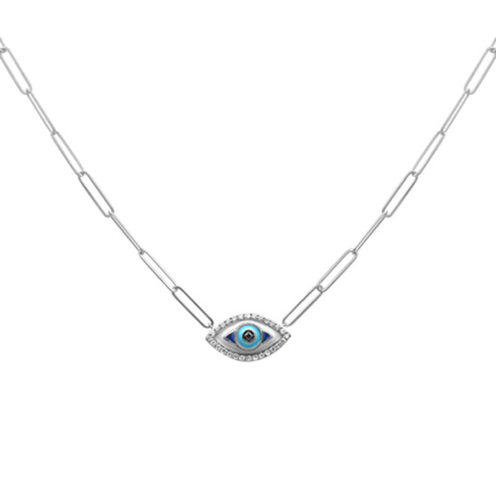 DIAMOND CLOSEOUT! .16ct G SI 14K White Gold Diamond Evil Eye Enamel Paper Clip Pendant Necklace 18" Long