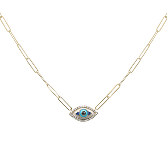 DIAMOND CLOSEOUT! .16ct G SI 14K Yellow Gold Diamond Evil Eye Enamel Paper Clip Pendant Necklace 18" Long