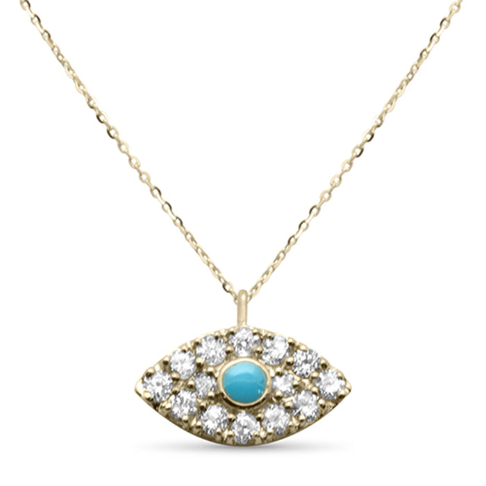 .15ct G SI 14K Yellow Gold Diamond & Turquoise Evil Eye Petite Pendant Necklace 18"