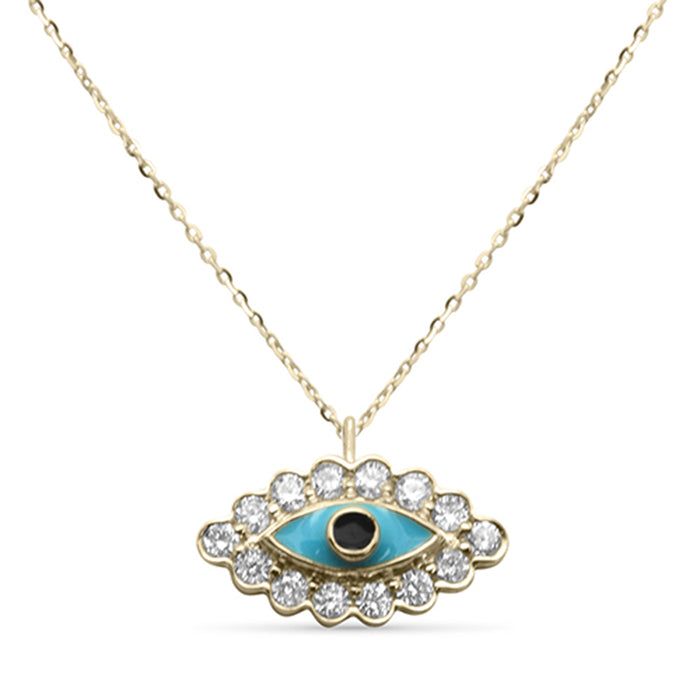 .10ct G SI 14K Yellow Gold Diamond Evil Eye Enamel Petite Pendant Necklace 18"