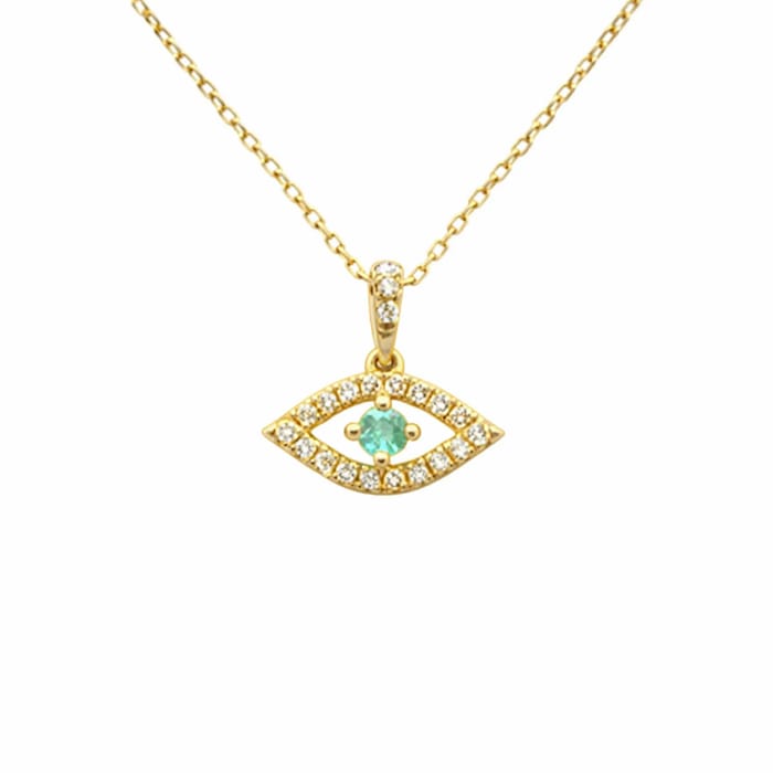 SPECIAL! .38ct G SI 14K Yellow Gold Diamond & Emerald Gemstone Evil Eye Pendant 18" long Chain