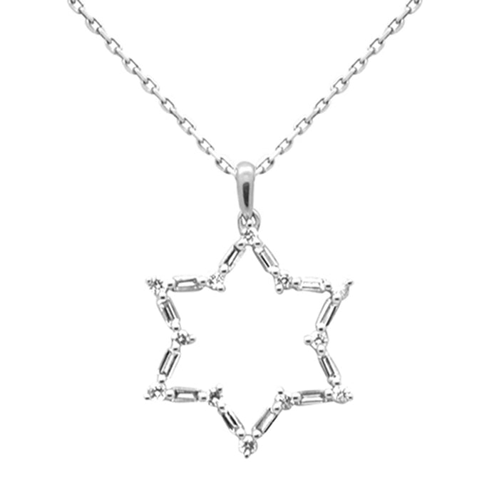 SPECIAL! .28ct G SI 14K White Gold Round & Baguette Diamond Star of David Pendant Necklace 18" Long Chain