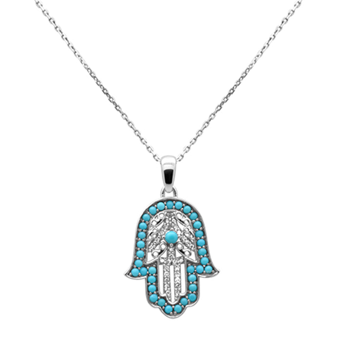 SPECIAL!.80ct G SI 14K White Gold Diamond & Turquoise Hamsa Pendant Necklace 18" Long Chain