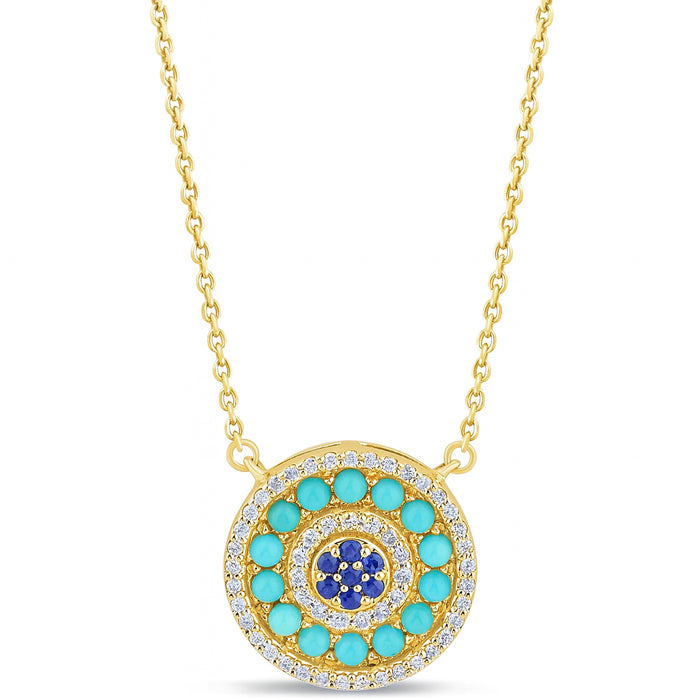 SPECIAL! 1.01ct G SI 14K Yellow Gold Round Shape Halo Diamond, Blue Sapphire & Turquoise Pendant Necklace 18" Long Chain