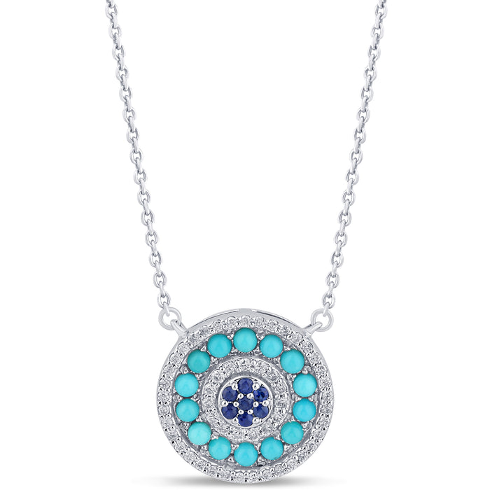 SPECIAL! 1.01ct G SI 14K White Gold Round Shape Halo Diamond, Blue Sapphire & Turquoise Pendant Necklace 18" Long Chain