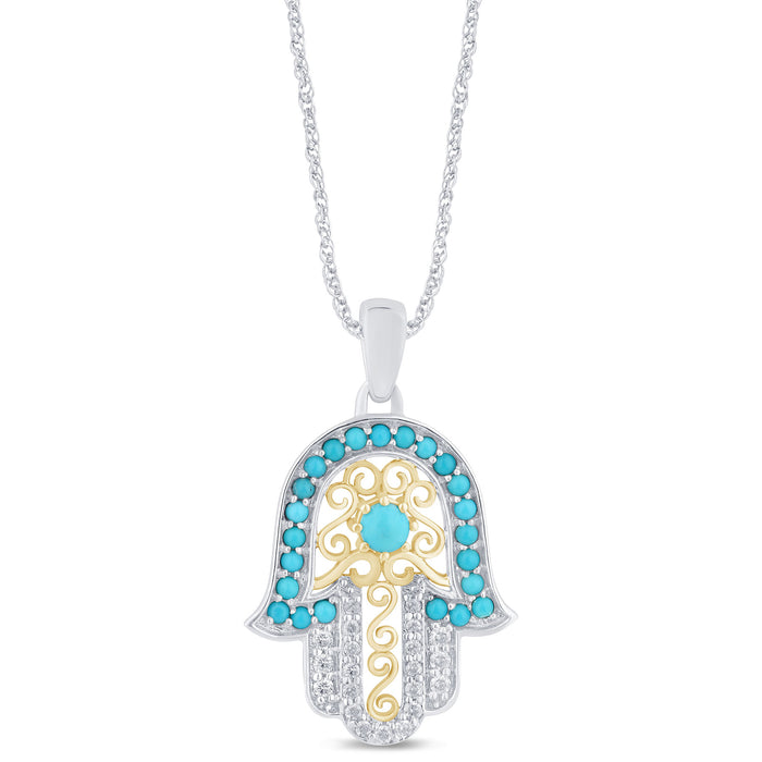 SPECIAL! .78ct G SI 14K Two Tone Diamond Turquoise Hamsa Pendant Necklace 18" Long Chain