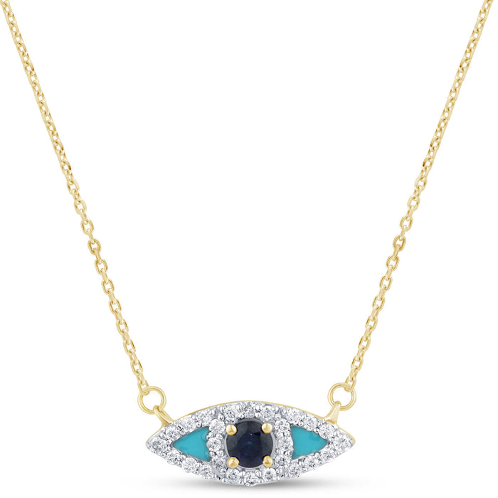 SPECIAL! .30ct G SI 14K Yellow Gold Diamond & Blue Sapphire Gemstone Evil Eye Pendant Necklace 18" Long Chain
