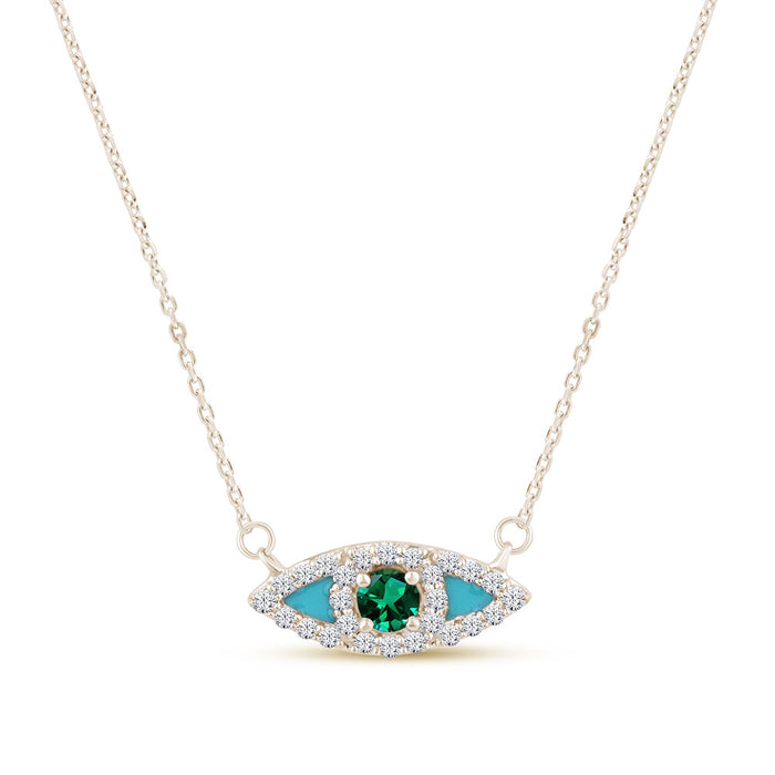 SPECIAL! .23ct G SI 14K Yellow Gold Diamond & Emerald Gemstone with Blue Enamel Evil Eye Pendant Necklace 18" Long Chain