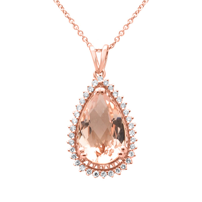 SPECIAL! 3.33ct G SI 14K Rose Gold Diamond & Pear Shape Morganite Gemstone Pendant Necklace 16" Long Chain