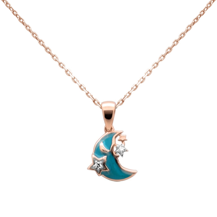 .02ct G SI 14K Rose Gold Blue Enamel Star & Moon Diamond Pendant Necklace 18" Chain