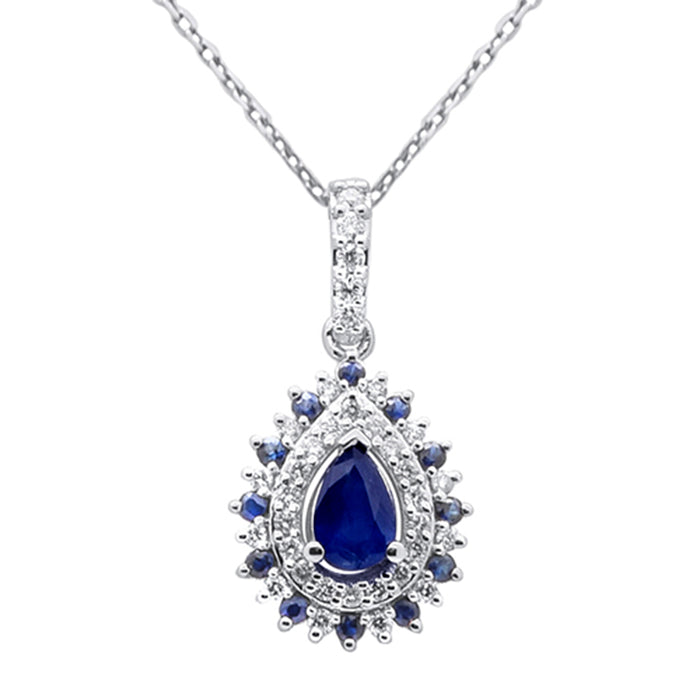 SPECIAL!.87ct G SI 14K White Gold Diamond & Blue Sapphire Gemstone Pendant Necklace 18" Chain