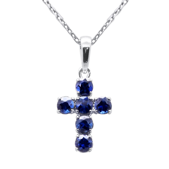 .47ct G SI 14K White Gold Blue Sapphire Gemstone Cross Pendant Necklace 18" Chain