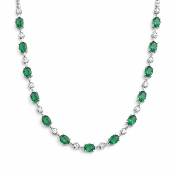SPECIAL! 9.50ct G SI 14K White Gold Diamond & Emerald Gemstone Necklace 16" Long