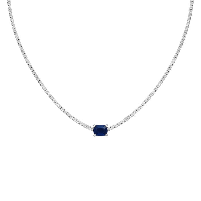 SPECIAL!2.66ct G SI 14K White Gold Diamond & Blue Sapphire Double Eagle Prongs Set Tennis Necklace 16" Long