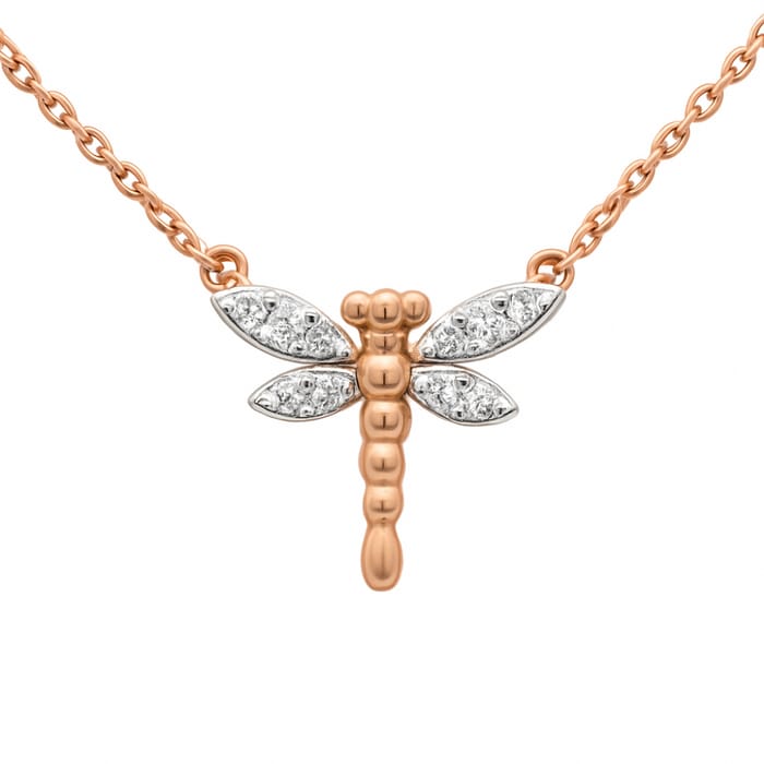 SPECIAL! .06ct G SI 14K Rose Gold Round Diamond Dragonfly Pendant Necklace 18" Long