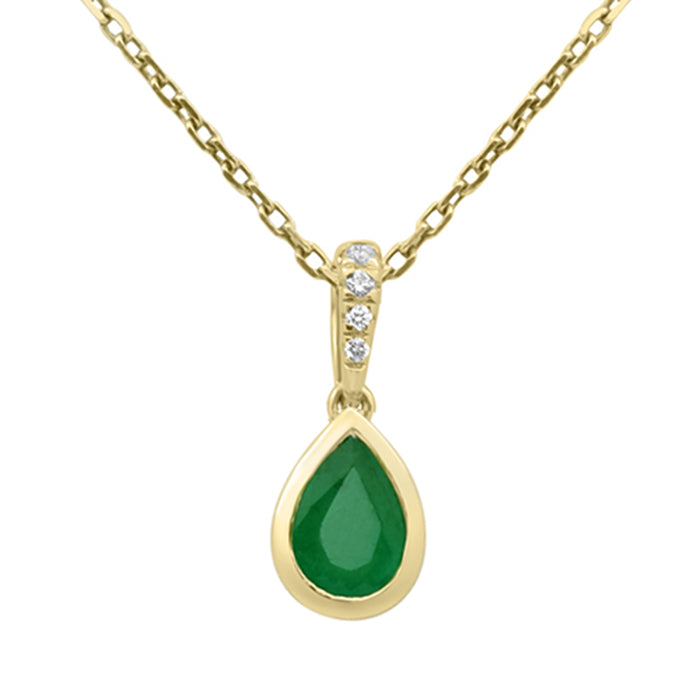 SPECIAL! .47ct G SI 14KT Yellow Gold Diamond & Pear Shape Emerald Gemstone Pendant Necklace 18" Long Chain