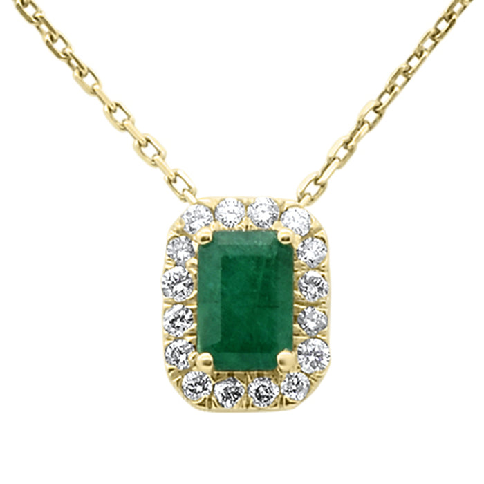 SPECIAL! .78ct G SI 14K Yellow Gold Emerald Gemstone & Diamond Halo Pendant 18" Long