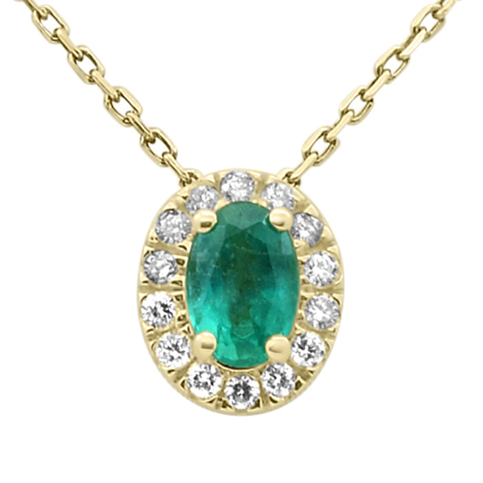 SPECIAL! .67ct G SI 14K Yellow Gold Oval Emerald Gemstone & Diamond Halo Pendant 18" Long