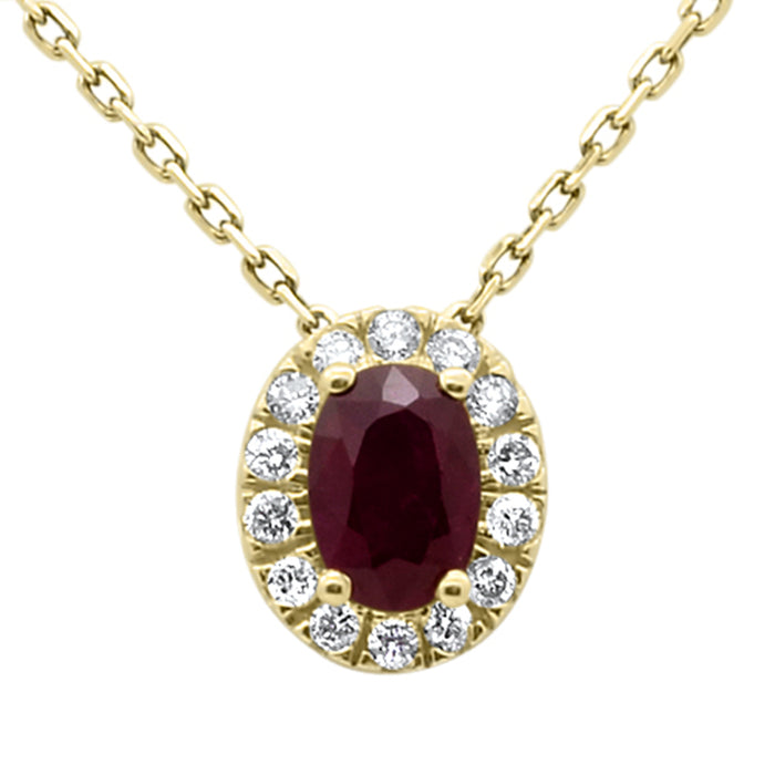 SPECIAL! .73ct G SI 14K Yellow Gold Oval Ruby Gemstone & Diamond Halo Pendant 18" Long
