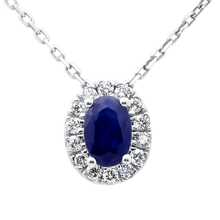 SPECIAL! .80ct G SI 14K White Gold Oval Blue Sapphire Gemstone & Diamond Halo Pendant 18" Long