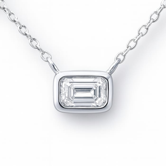 SPECIAL! .27ct G SI 14K White Gold Emerald Cut Diamond Bezel Pendant 18" Long
