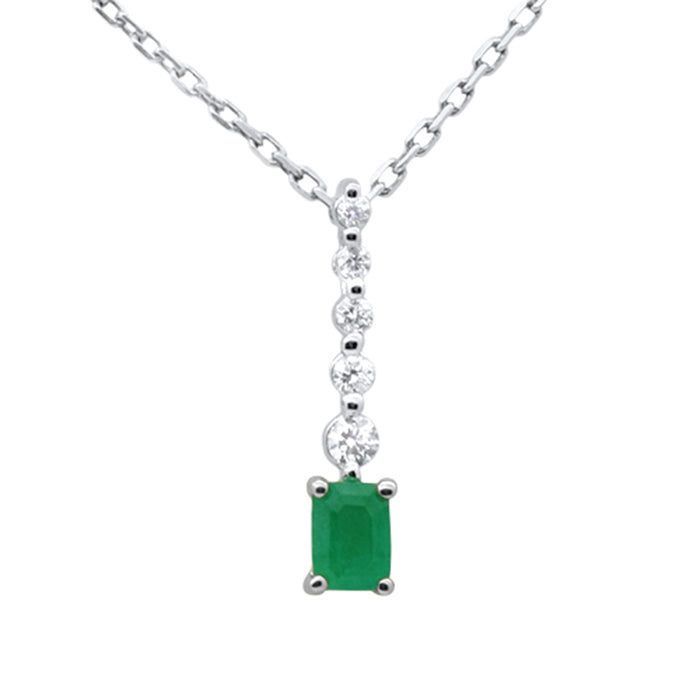 .28ct G SI 14K White Gold Diamond & Emerald Gemstone Pendant 18" Long