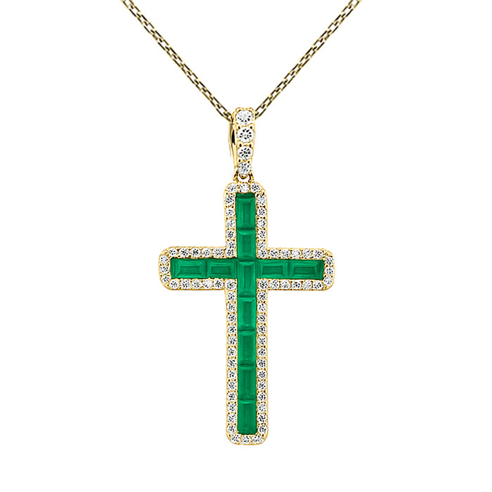 SPECIAL! 1.14ct G SI 14K Yellow Gold Diamond & Emerald Gemstone Cross Pendant 18" Long