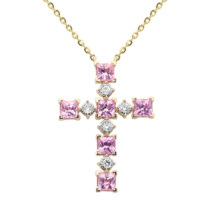 SPECIAL! .92ct G SI 14K Yellow Gold Diamond & Pink Sapphire Gemstone Cross Pendant 18" Long