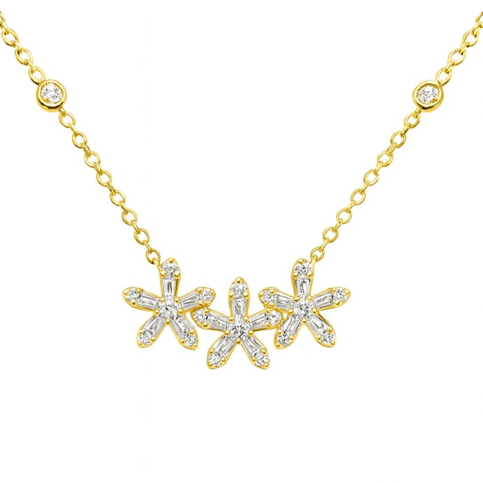 SPECIAL! .39ct G SI 14K Yellow Gold Diamond Three Flower Diamond Pendant Necklace 18" Long