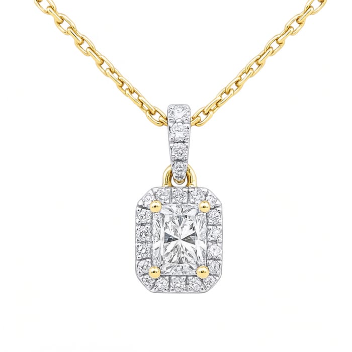 SPECIAL! .49ct G SI 14K Yellow Gold Radiant Cut Diamond Halo Solitiare Pendant 18" Long