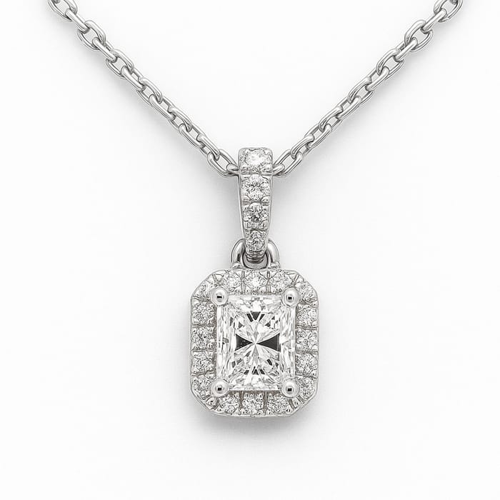 SPECIAL! .49ct G SI 14K White Gold Radiant Cut Diamond Halo Solitiare Pendant 18" Long
