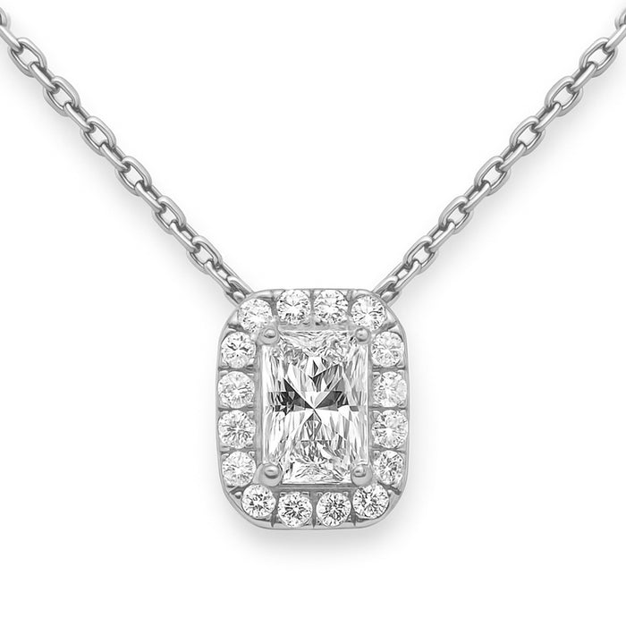 SPECIAL! .89ct G SI 14K White Gold Radiant Cut Diamond Pendant Halo Necklace 18" Long Chain