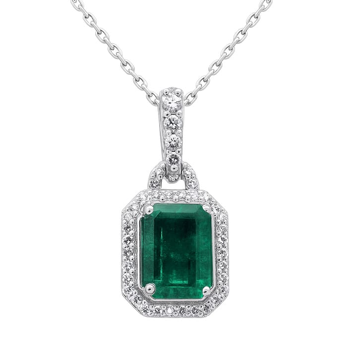 SPECIAL! 2.18ct G SI 14K White Gold Diamond & Emerald Gemstone Pendant Necklace 18" Long Chain