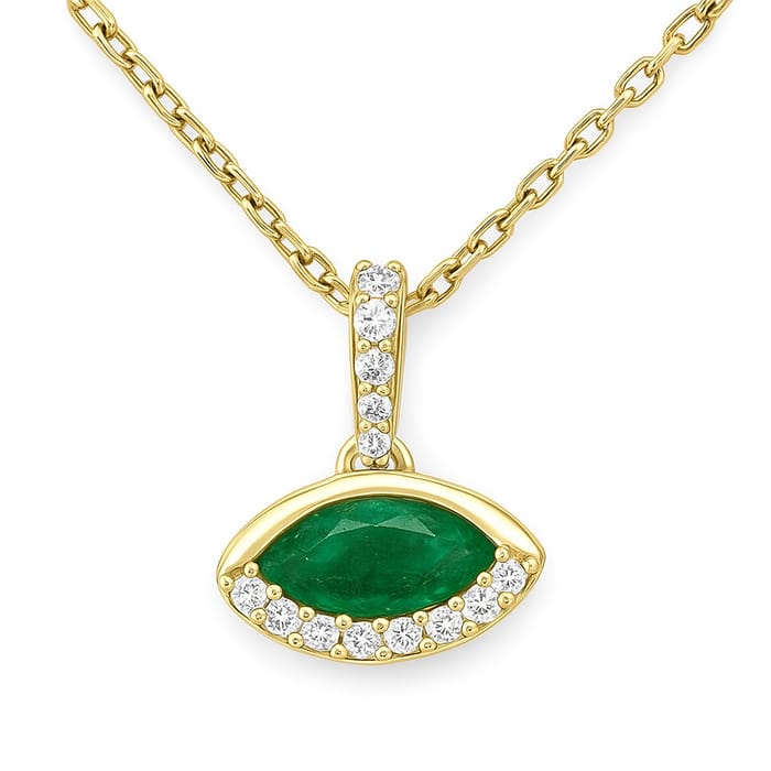 SPECIAL! .34ct G SI 14K Yellow Gold Diamond & Emerald Gemstone Evil Eye Pendant 18" long Chain