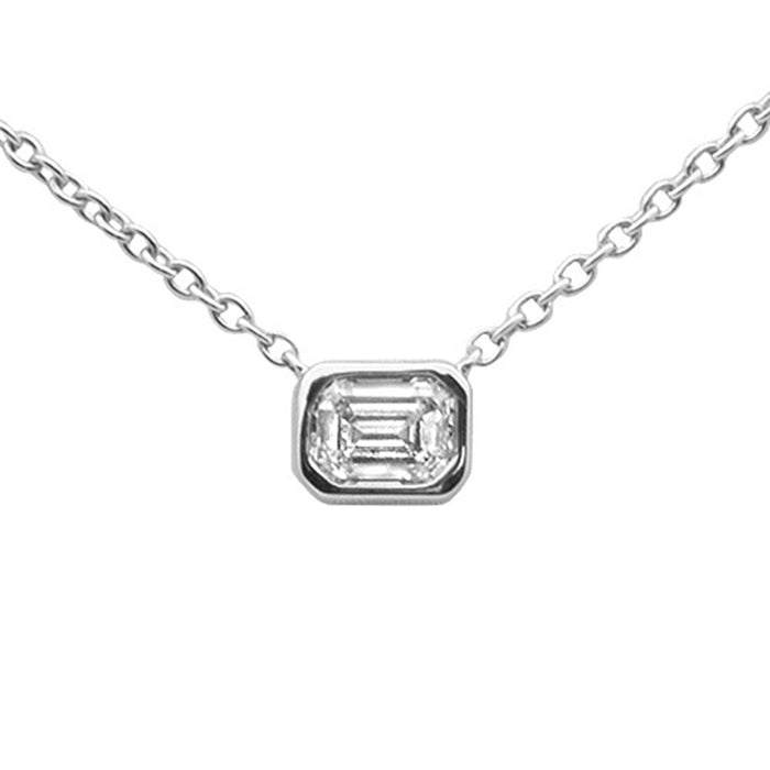 .14ct G SI 14K White Gold Emerald Cut Bezel Set Diamond Pendant Necklace 18" Long