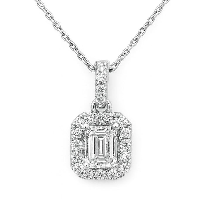 SPECIAL! .39ct G SI 14K White Gold Emerald Cut Diamond Halo Solitaire Pendant 18" Long