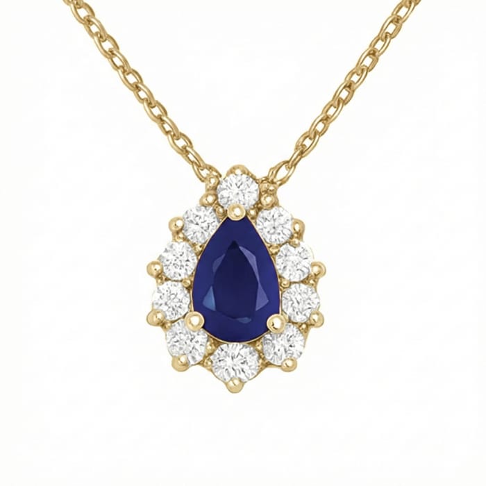 SPECIAL! .98ct G SI 14kt Yellow Gold Diamond & Pear Shape Blue Sapphire Gemstone Pendant Necklace 18" Long