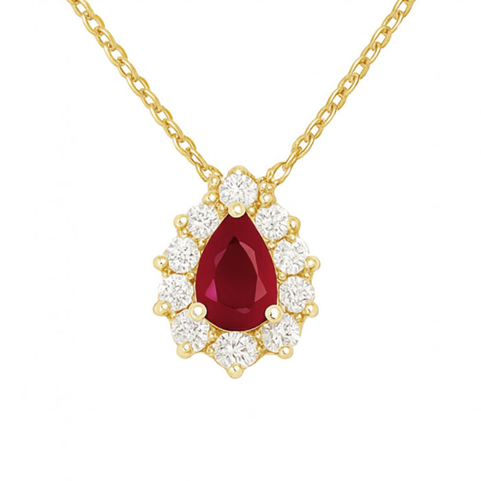 SPECIAL! 1.07ct G SI 14kt Yellow Gold Diamond & Pear Shaped Ruby Pendant Necklace 18" Long