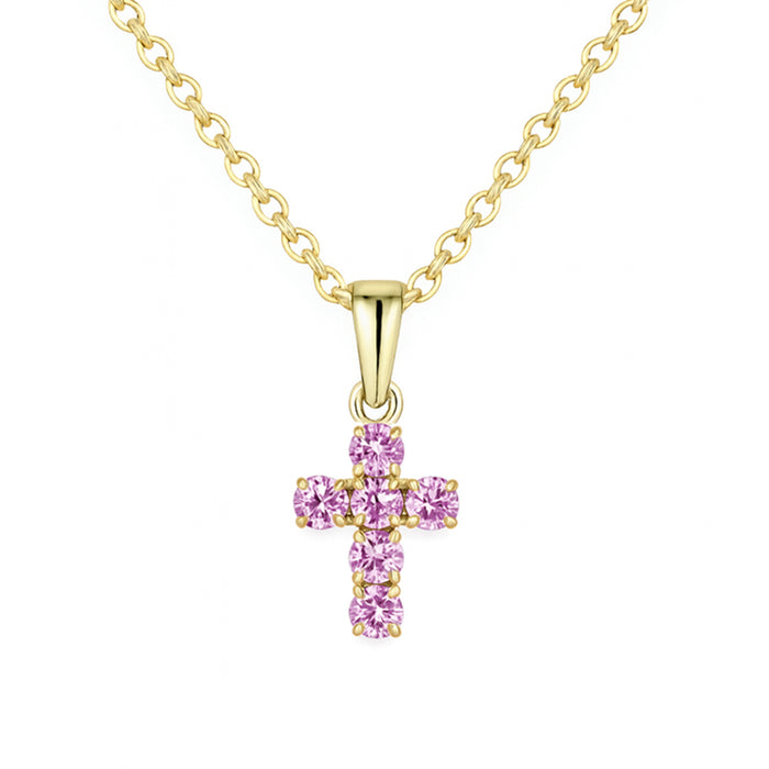 SPECIAL! .53ct G SI 14KT Yellow Gold Pink Sapphire Round Shape Gemstone Petite Cross Pendant Necklace 18" Chain