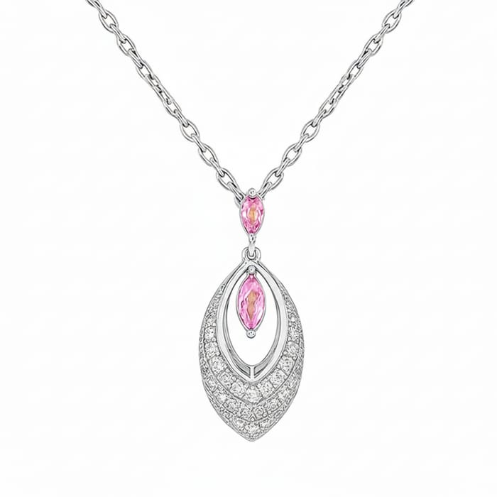 SPECIAL! .36ct G SI 14kt White Gold Diamond & Pink Sapphire Gemstone Pendant Necklace 18" Long