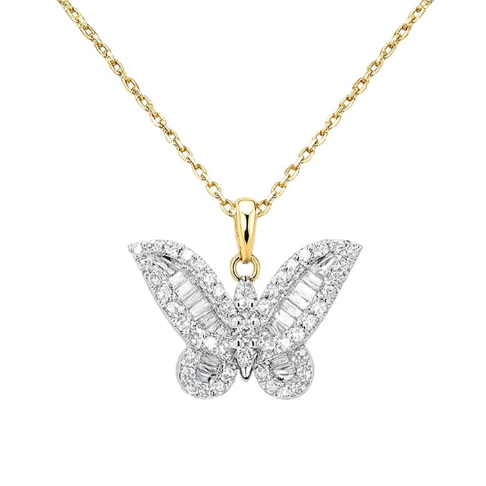 SPECIAL! .43ct G SI 14K Yellow Gold Round & Baguette Diamond Butterfly Pendant Necklace 18" Long Chain