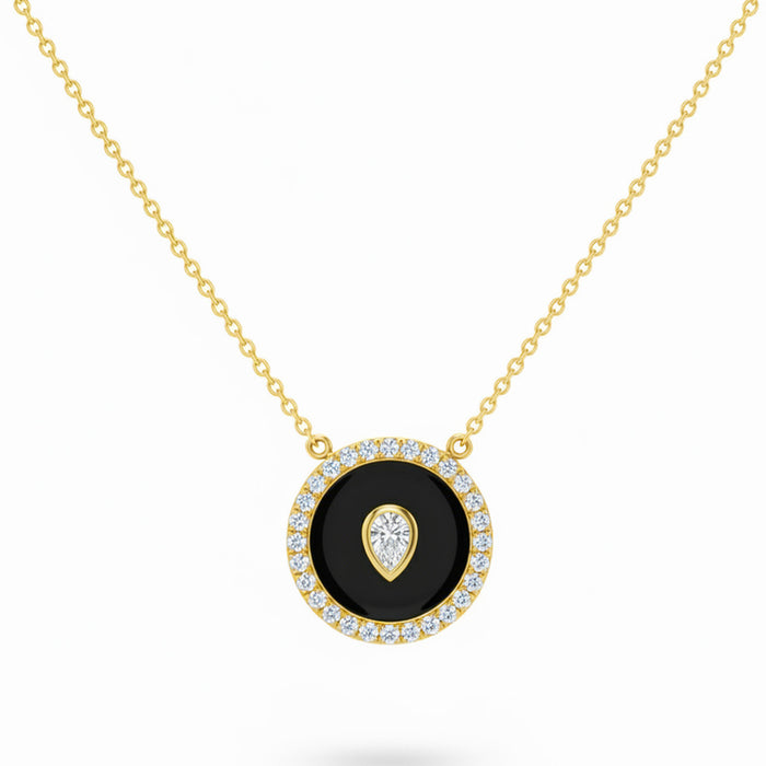 SPECIAL! .36ct G SI 14kt Yellow Gold Pear Diamond Onyx Inlay Pendant Necklace 16+2" Long