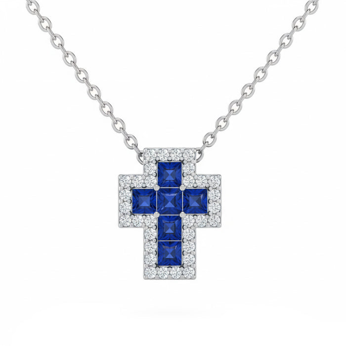 SPECIAL! .37ct G SI 14kt White Gold Diamond & Blue Sapphire Gemstone Cross Pendant Necklace 18" Long