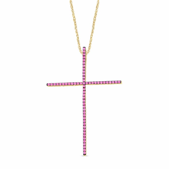 SPECIAL! .43ct G SI 14K Yellow Gold Pink Sapphire Gemstones Cross Pendant Necklace 18" Long Chain