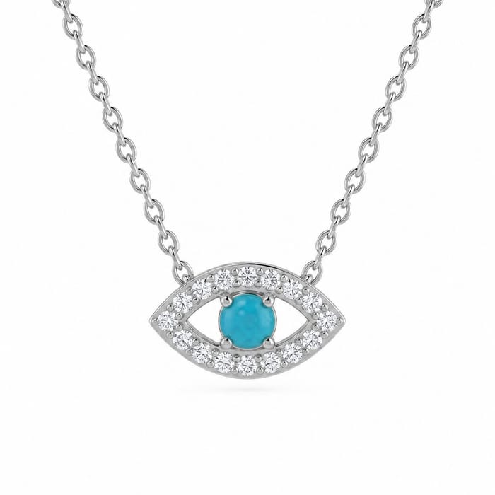 .11ct G SI 14kt White Gold Diamond & Turquoise Gemstone Evil Eye Pendant Necklace 16+2" Long