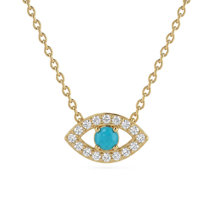 .12ct G SI 14kt Yellow Gold Diamond & Turquoise Gemstone Evil Eye Pendant Necklace 16+2" Long