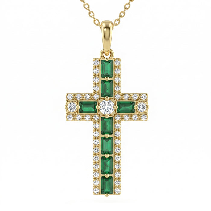 SPECIAL! .90ct G SI 14kt Yellow Gold Emerald Gemstone Cross Pendant Necklace 16 + 2" Ext